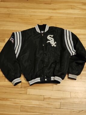 STARTER Black and White Satin Bomber Jacket with Team Patch